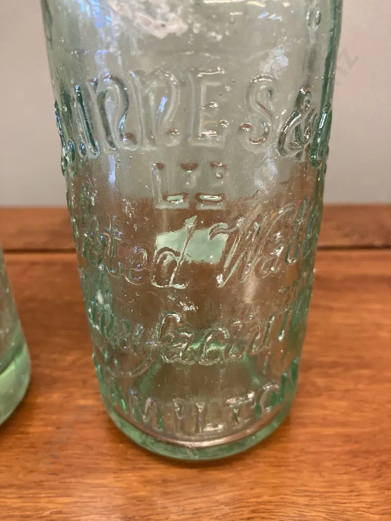 C.L. Innes & Co. Hamilton Bottles  x 2 - Codd Bottle, Stylised Logo & 6348 On Base &1913 Embossed Aqua Glass Bottle Image 1++